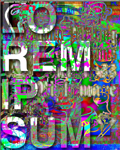 fragmented white letters over dense green, pink, and blue digital textures