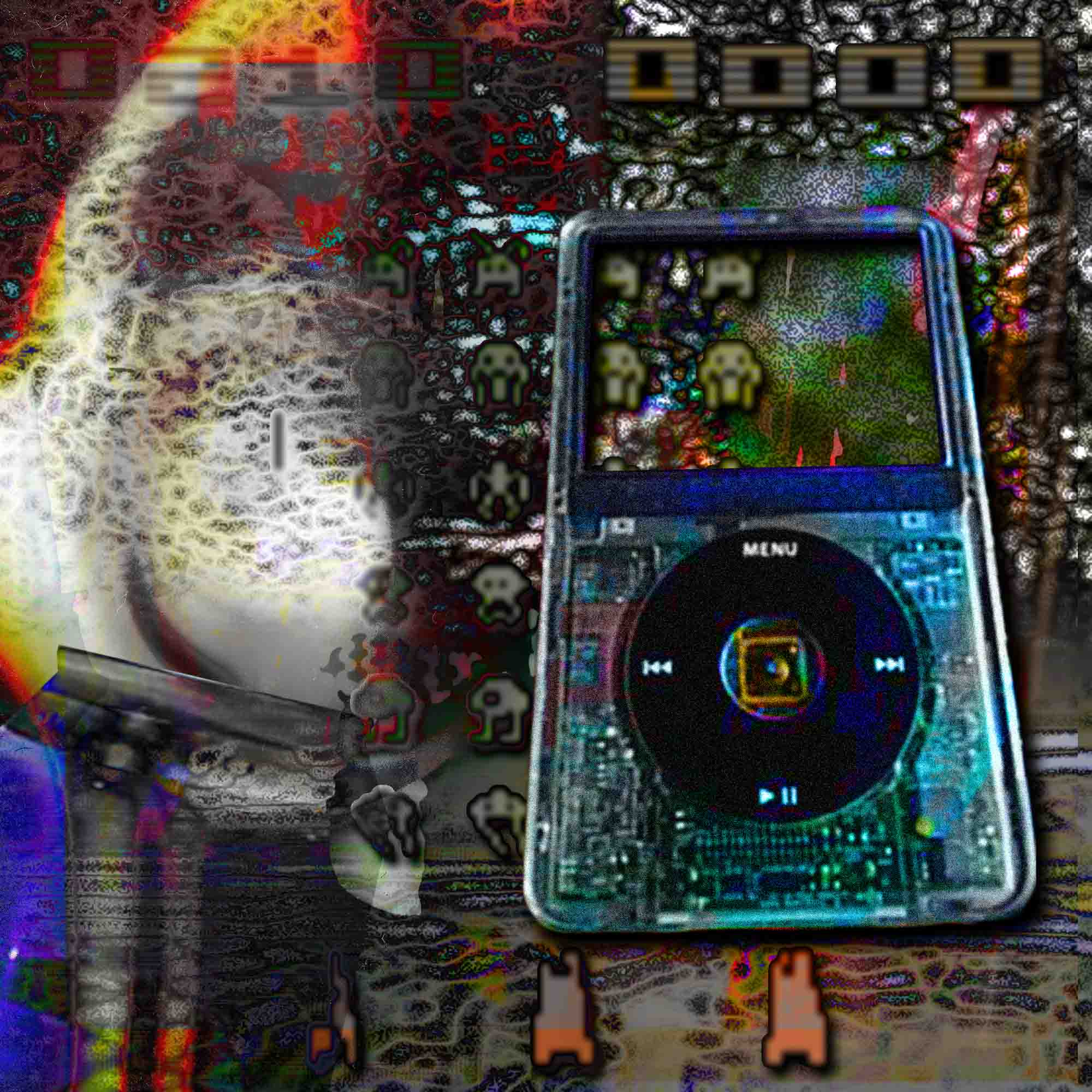 a translucent blue iPod layered over a pale face, pixel figures, and distorted red, green, and black digital textures