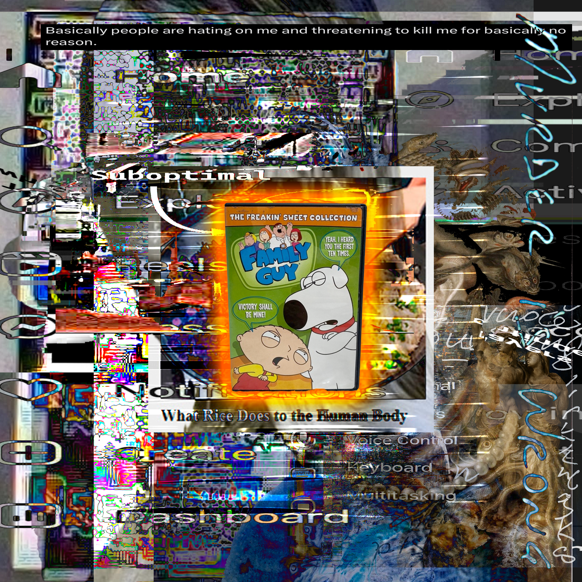 a Family Guy DVD case glowing orange amid distorted computer menus, overlapping text, and fragments of a classical painting