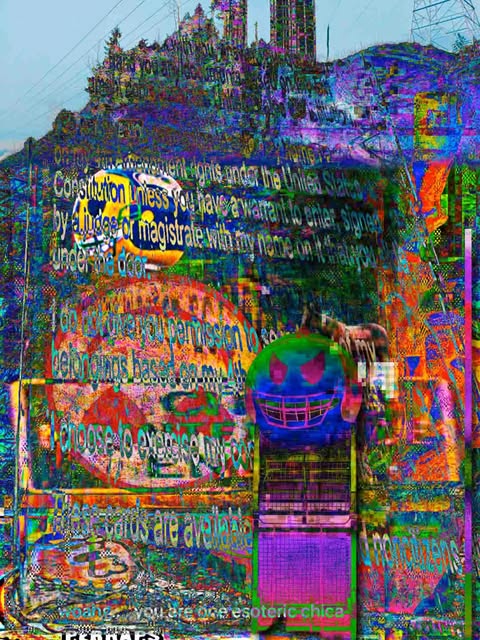 a streetscape buried beneath translucent text and bright blue, purple, and orange digital noise