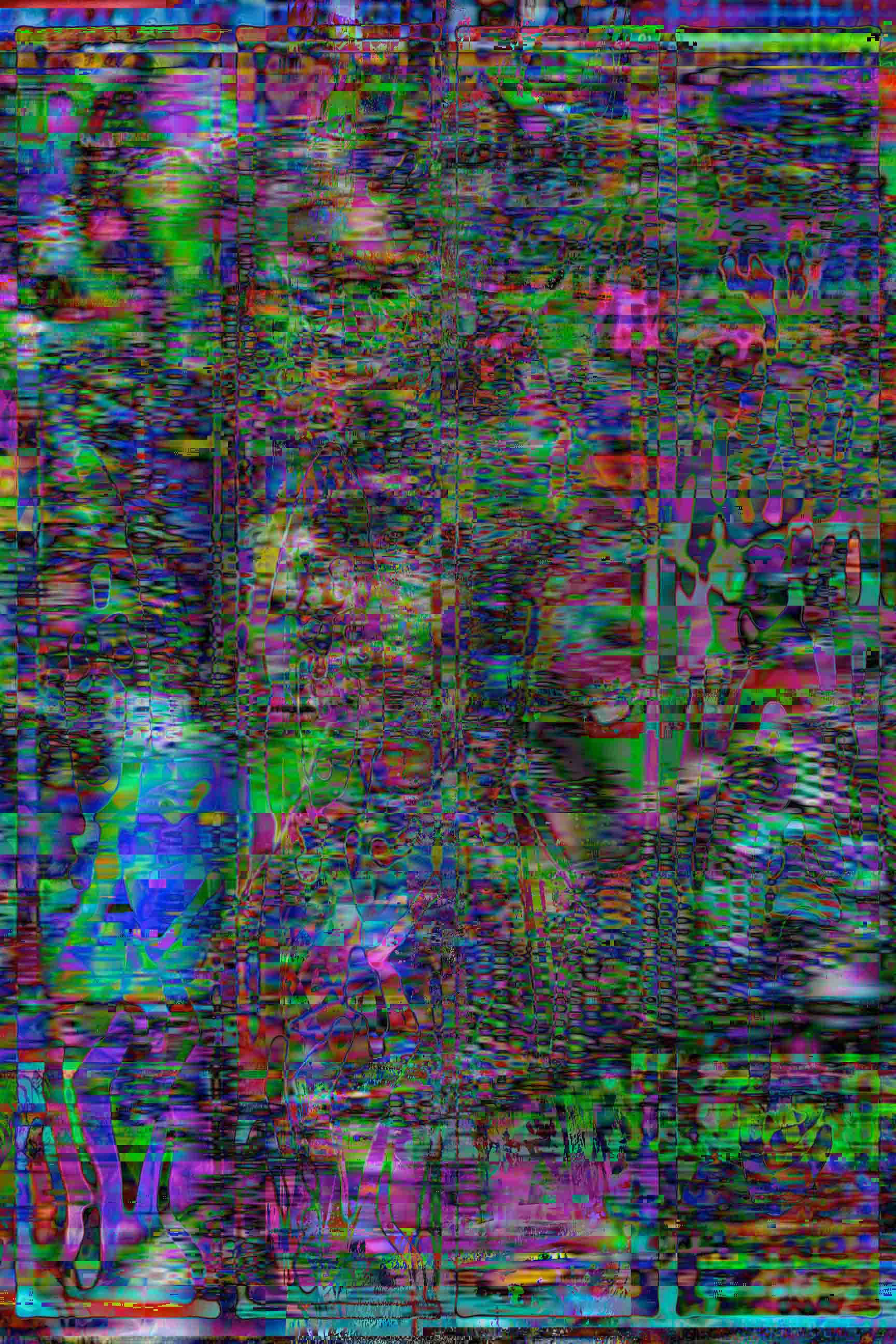 black-and-white self-portrait surrounded by saturated magenta, green, and blue collage, with a circular diagram layered below