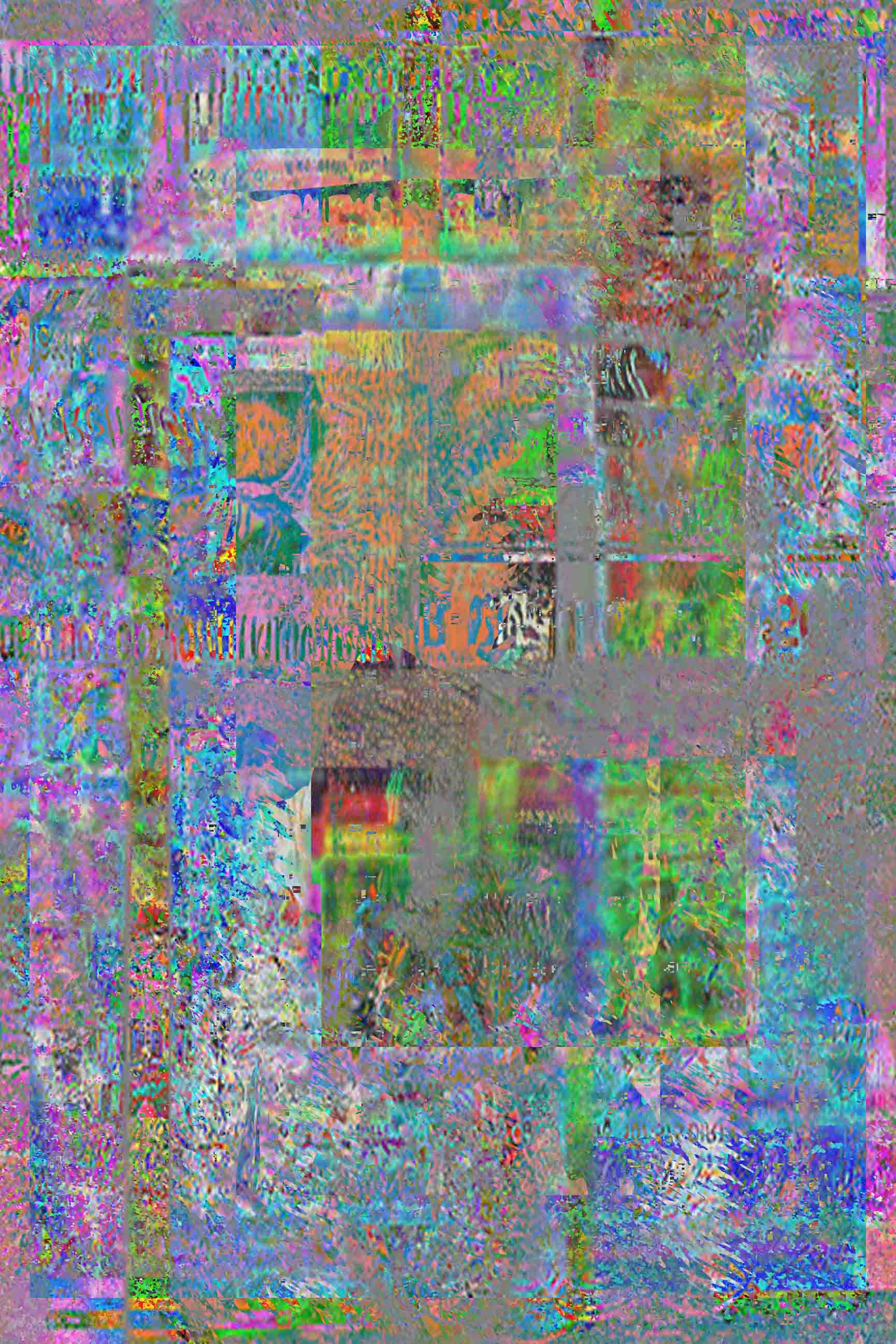 black-and-white self-portrait surrounded by saturated magenta, green, and blue collage, with a circular diagram layered below