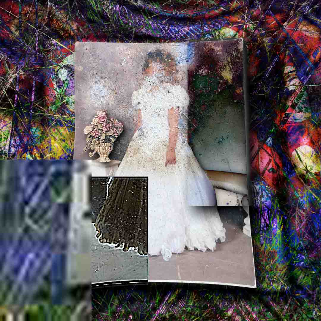 a fragmented photograph of a person in a white dress beside a flower vase, surrounded by tangled multicolored scratches and blurred image fragments