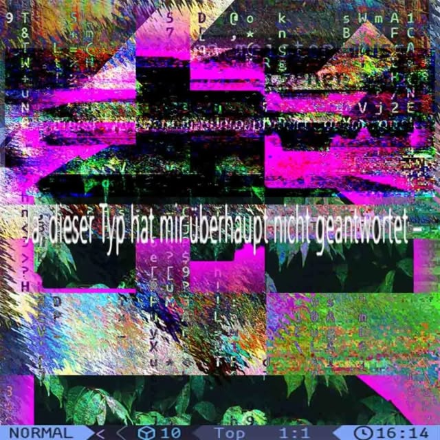 magenta scanlines, sliced text, green image fragments, and computer interface details